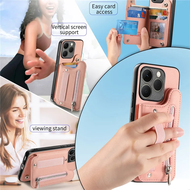 For Realme 15T 5G Case RFID Blocking Card Holder Jeans Cloth Texture Leather Back Cover with Elastic Wristband - Pink