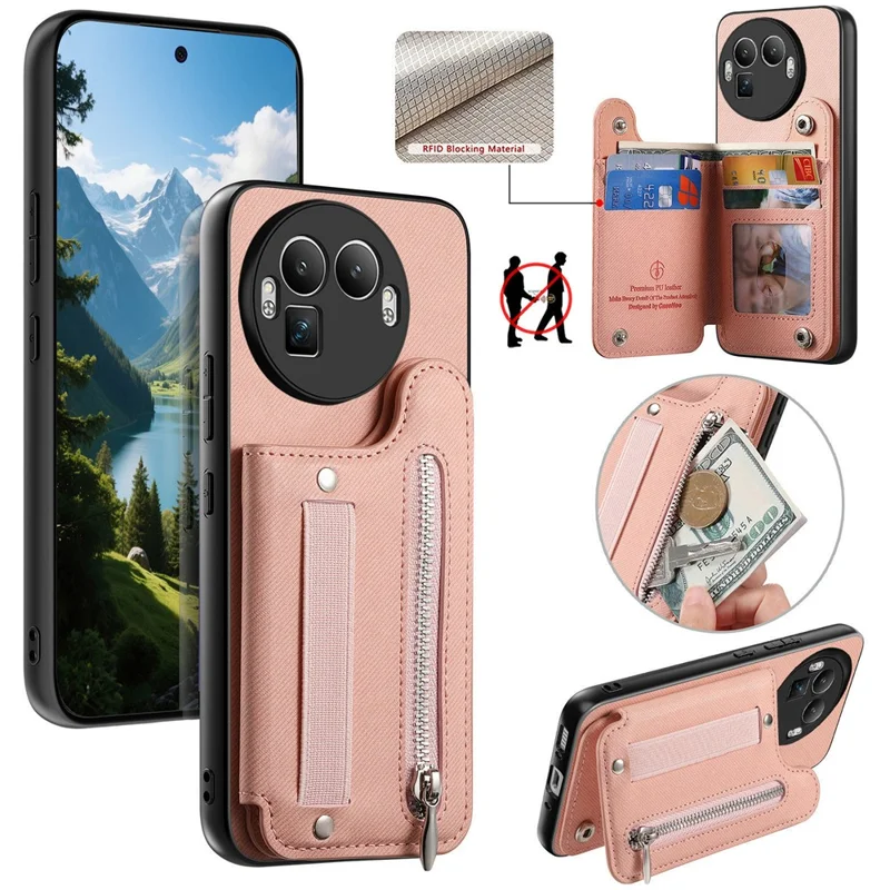 For Realme GT 8 Pro 5G Case RFID Blocking Card Holder Jeans Cloth Texture Leather Back Cover with Elastic Wristband - Pink