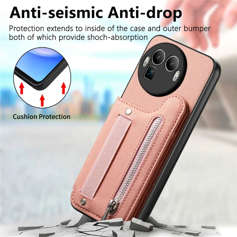 For Realme GT 8 Pro 5G Case RFID Blocking Card Holder Jeans Cloth Texture Leather Back Cover with Elastic Wristband - Pink