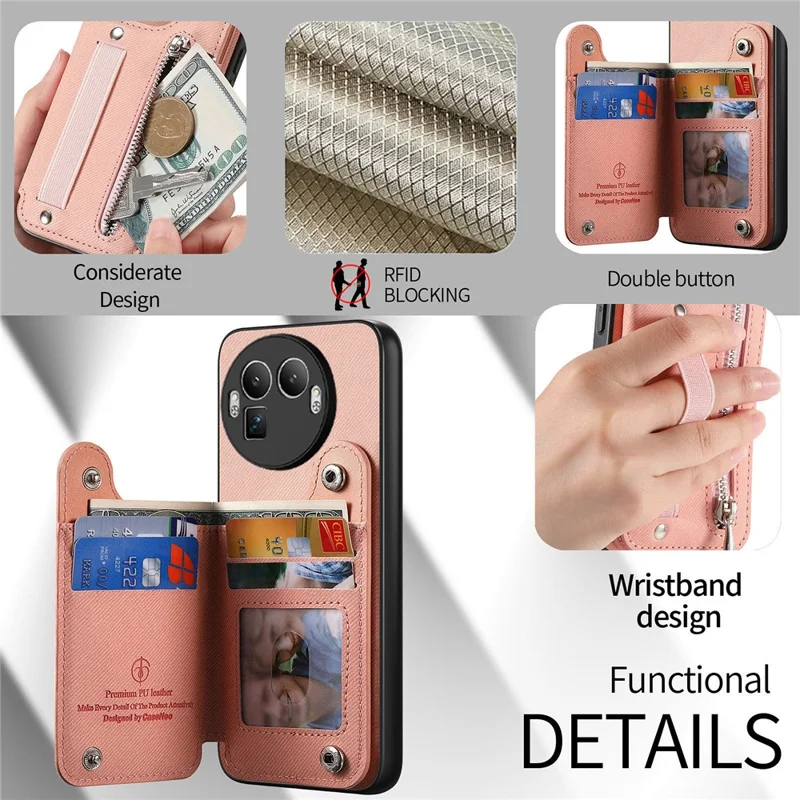 For Realme GT 8 Pro 5G Case RFID Blocking Card Holder Jeans Cloth Texture Leather Back Cover with Elastic Wristband - Pink