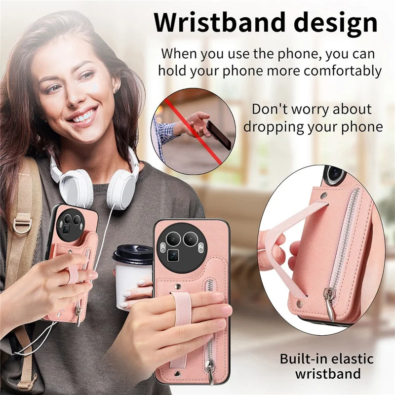 For Realme GT 8 Pro 5G Case RFID Blocking Card Holder Jeans Cloth Texture Leather Back Cover with Elastic Wristband - Pink