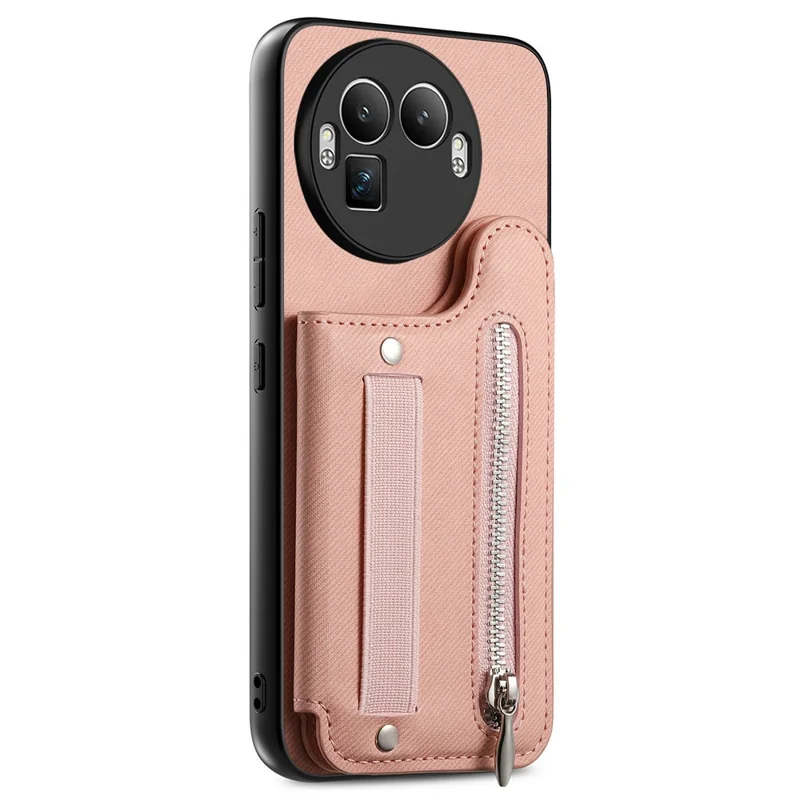 For Realme GT 8 Pro 5G Case RFID Blocking Card Holder Jeans Cloth Texture Leather Back Cover with Elastic Wristband - Pink