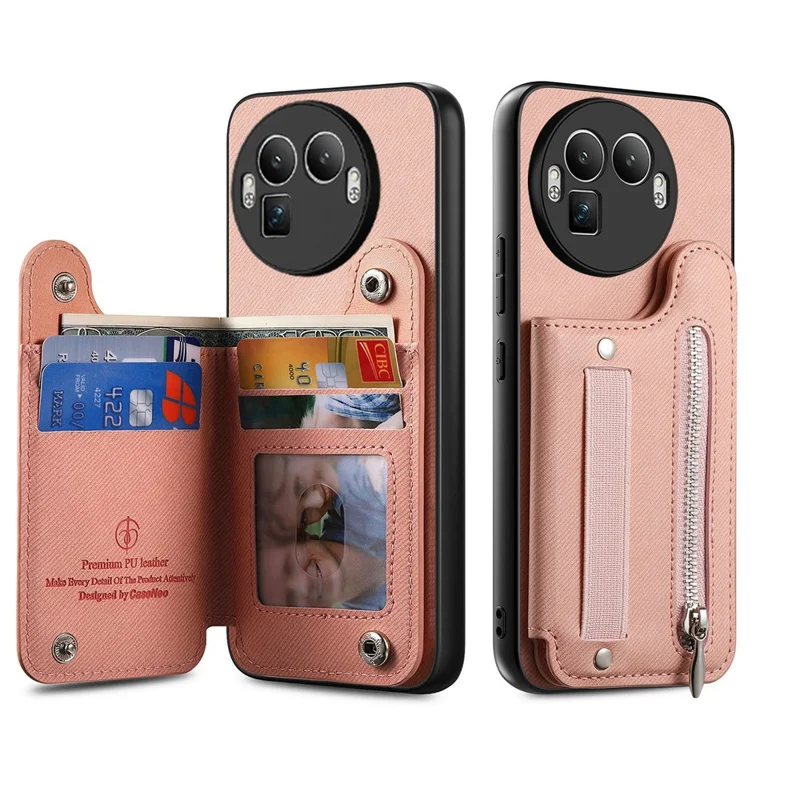 For Realme GT 8 Pro 5G Case RFID Blocking Card Holder Jeans Cloth Texture Leather Back Cover with Elastic Wristband - Pink