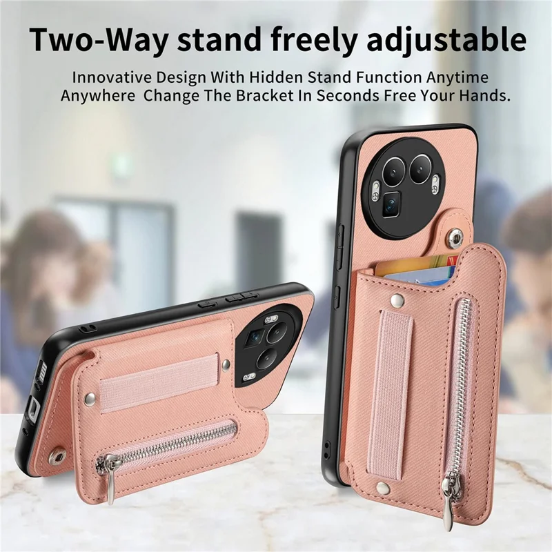 For Realme GT 8 Pro 5G Case RFID Blocking Card Holder Jeans Cloth Texture Leather Back Cover with Elastic Wristband - Pink