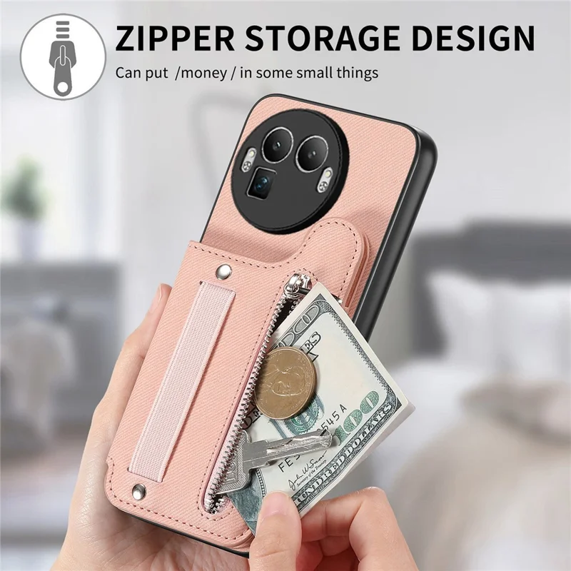 For Realme GT 8 Pro 5G Case RFID Blocking Card Holder Jeans Cloth Texture Leather Back Cover with Elastic Wristband - Pink