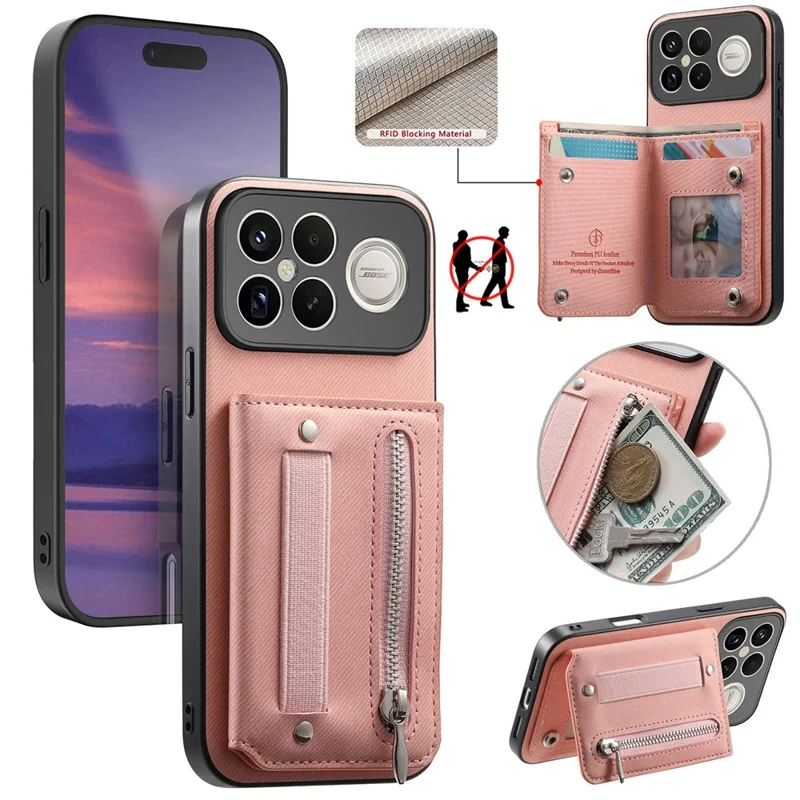 Phone Case For Xiaomi Redmi K90 Pro Max 5G  /  Poco F8 Ultra RFID Blocking Card Holder Jeans Cloth Texture Leather Back Cover with Elastic Wristband   - Pink