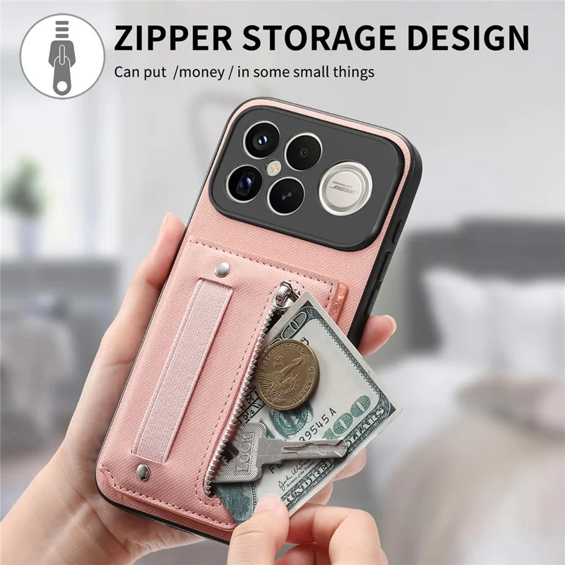 Phone Case For Xiaomi Redmi K90 Pro Max 5G  /  Poco F8 Ultra RFID Blocking Card Holder Jeans Cloth Texture Leather Back Cover with Elastic Wristband   - Pink