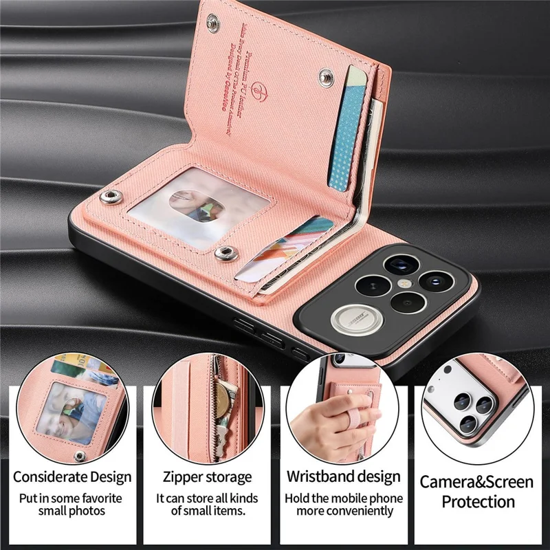 Phone Case For Xiaomi Redmi K90 Pro Max 5G  /  Poco F8 Ultra RFID Blocking Card Holder Jeans Cloth Texture Leather Back Cover with Elastic Wristband   - Pink