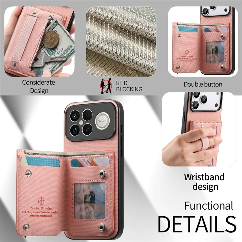 Phone Case For Xiaomi Redmi K90 Pro Max 5G  /  Poco F8 Ultra RFID Blocking Card Holder Jeans Cloth Texture Leather Back Cover with Elastic Wristband   - Pink