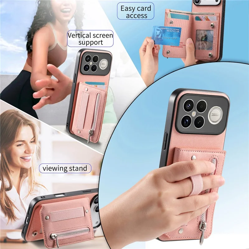 Phone Case For Xiaomi Redmi K90 Pro Max 5G  /  Poco F8 Ultra RFID Blocking Card Holder Jeans Cloth Texture Leather Back Cover with Elastic Wristband   - Pink