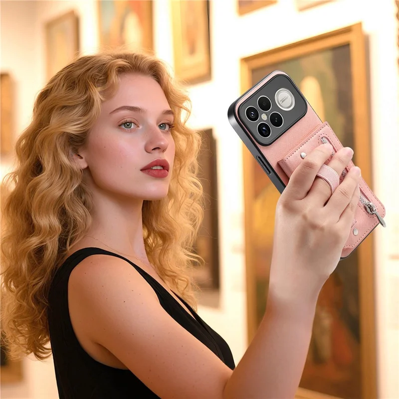 Phone Case For Xiaomi Redmi K90 Pro Max 5G  /  Poco F8 Ultra RFID Blocking Card Holder Jeans Cloth Texture Leather Back Cover with Elastic Wristband   - Pink