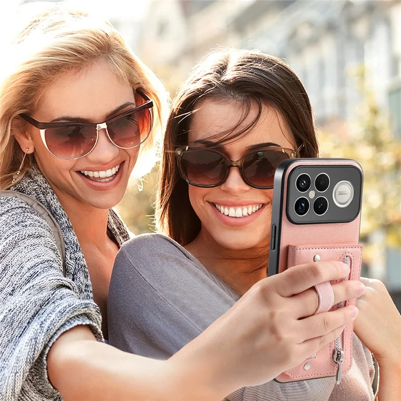 Phone Case For Xiaomi Redmi K90 Pro Max 5G  /  Poco F8 Ultra RFID Blocking Card Holder Jeans Cloth Texture Leather Back Cover with Elastic Wristband   - Pink