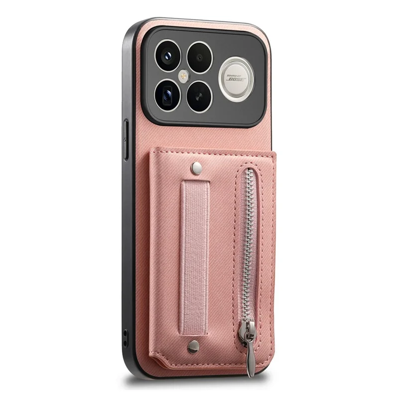 Phone Case For Xiaomi Redmi K90 Pro Max 5G  /  Poco F8 Ultra RFID Blocking Card Holder Jeans Cloth Texture Leather Back Cover with Elastic Wristband   - Pink
