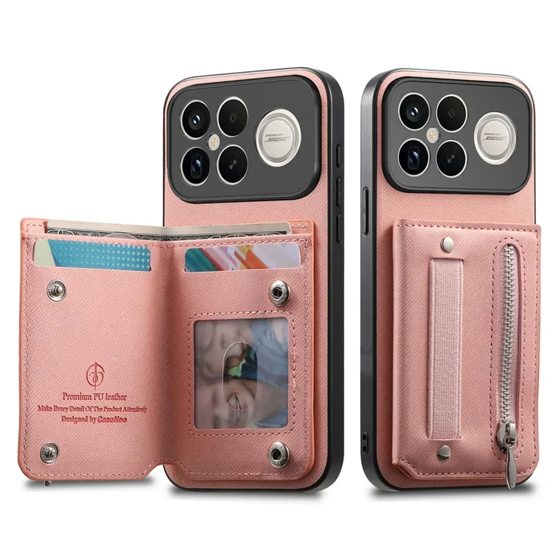 Phone Case For Xiaomi Redmi K90 Pro Max 5G  /  Poco F8 Ultra RFID Blocking Card Holder Jeans Cloth Texture Leather Back Cover with Elastic Wristband   - Pink