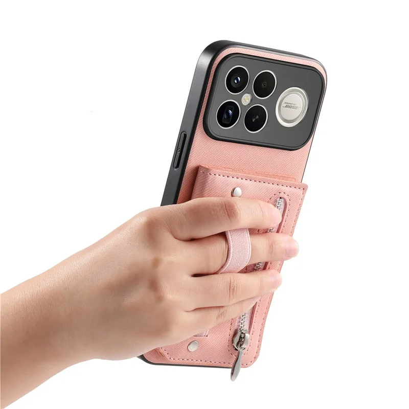 Phone Case For Xiaomi Redmi K90 Pro Max 5G  /  Poco F8 Ultra RFID Blocking Card Holder Jeans Cloth Texture Leather Back Cover with Elastic Wristband   - Pink