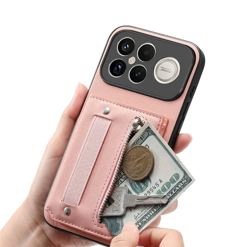 Phone Case For Xiaomi Redmi K90 Pro Max 5G  /  Poco F8 Ultra RFID Blocking Card Holder Jeans Cloth Texture Leather Back Cover with Elastic Wristband   - Pink