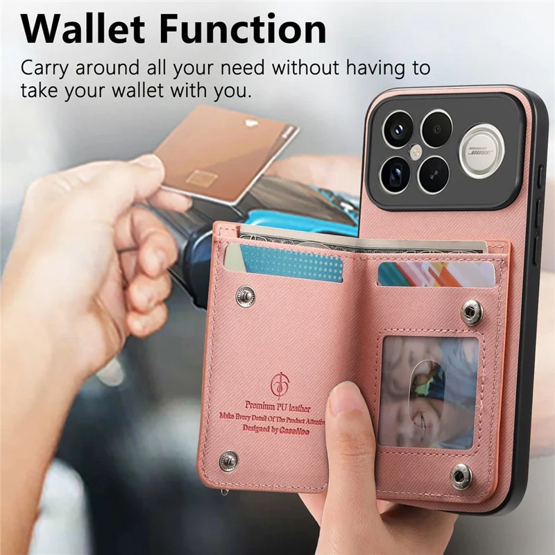 Phone Case For Xiaomi Redmi K90 Pro Max 5G  /  Poco F8 Ultra RFID Blocking Card Holder Jeans Cloth Texture Leather Back Cover with Elastic Wristband   - Pink