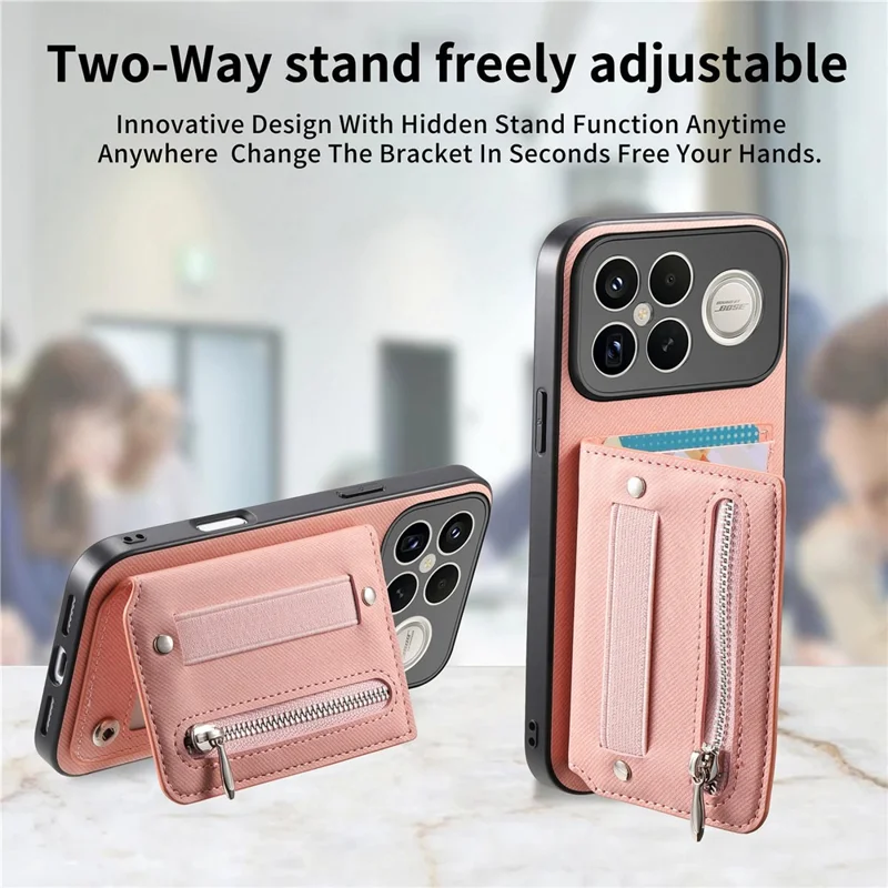 Phone Case For Xiaomi Redmi K90 Pro Max 5G  /  Poco F8 Ultra RFID Blocking Card Holder Jeans Cloth Texture Leather Back Cover with Elastic Wristband   - Pink