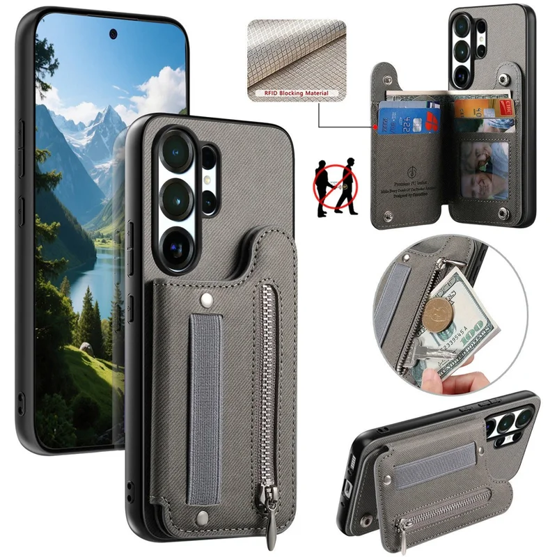 For Samsung Galaxy S26 Ultra Case RFID Blocking Card Holder Jeans Cloth Texture Leather Back Cover with Elastic Wristband - Grey