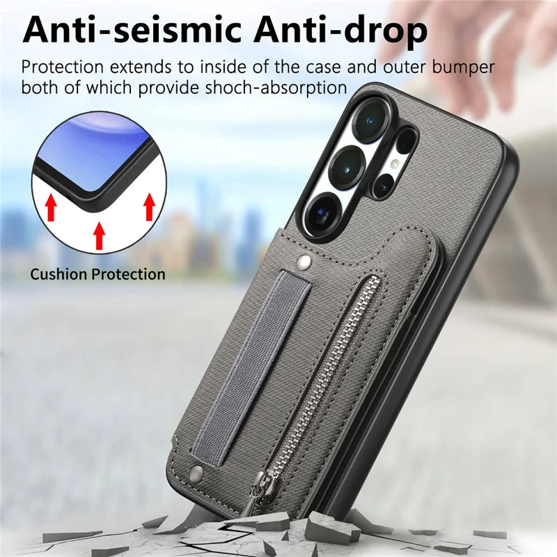 For Samsung Galaxy S26 Ultra Case RFID Blocking Card Holder Jeans Cloth Texture Leather Back Cover with Elastic Wristband - Grey