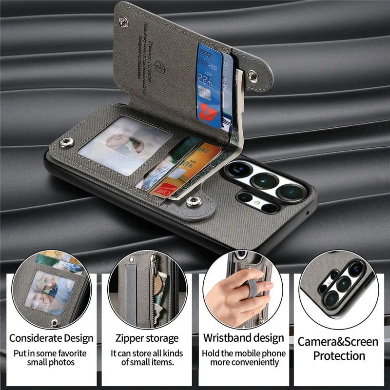 For Samsung Galaxy S26 Ultra Case RFID Blocking Card Holder Jeans Cloth Texture Leather Back Cover with Elastic Wristband - Grey
