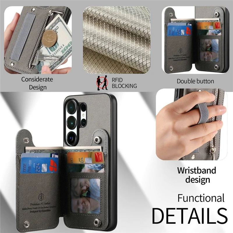For Samsung Galaxy S26 Ultra Case RFID Blocking Card Holder Jeans Cloth Texture Leather Back Cover with Elastic Wristband - Grey