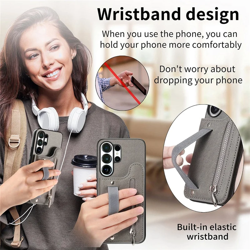 For Samsung Galaxy S26 Ultra Case RFID Blocking Card Holder Jeans Cloth Texture Leather Back Cover with Elastic Wristband - Grey