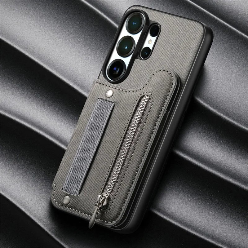 For Samsung Galaxy S26 Ultra Case RFID Blocking Card Holder Jeans Cloth Texture Leather Back Cover with Elastic Wristband - Grey