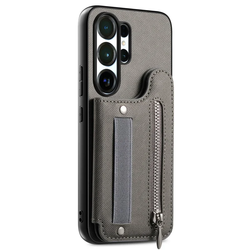 For Samsung Galaxy S26 Ultra Case RFID Blocking Card Holder Jeans Cloth Texture Leather Back Cover with Elastic Wristband - Grey