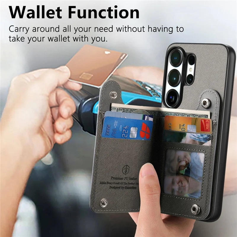 For Samsung Galaxy S26 Ultra Case RFID Blocking Card Holder Jeans Cloth Texture Leather Back Cover with Elastic Wristband - Grey