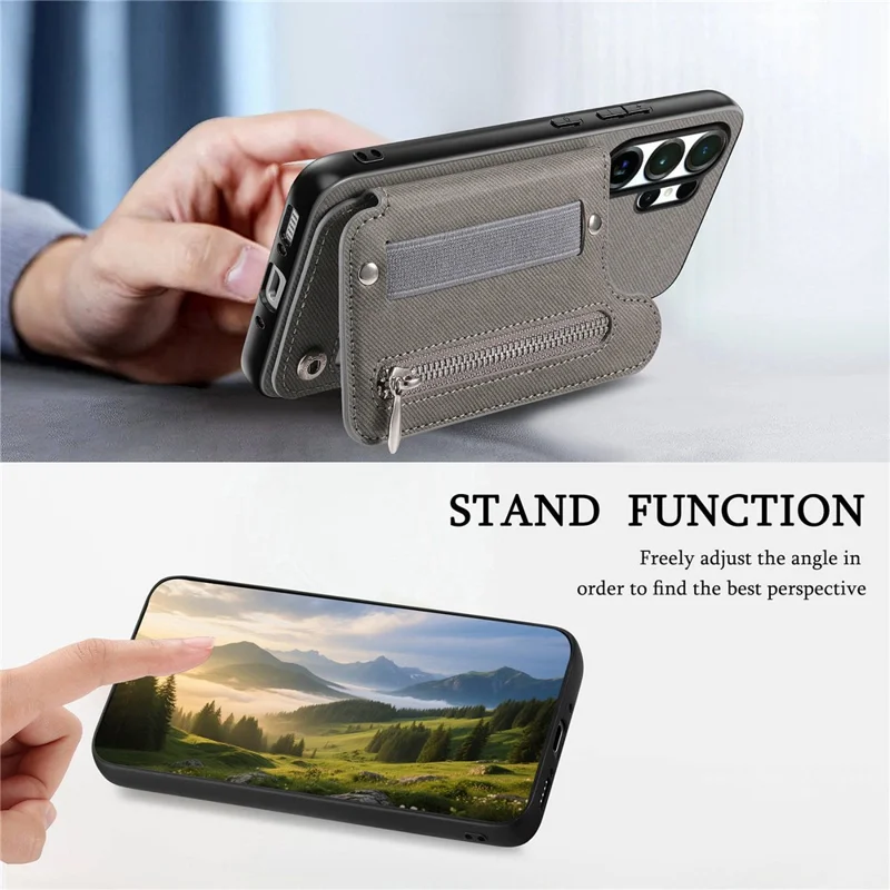 For Samsung Galaxy S26 Ultra Case RFID Blocking Card Holder Jeans Cloth Texture Leather Back Cover with Elastic Wristband - Grey