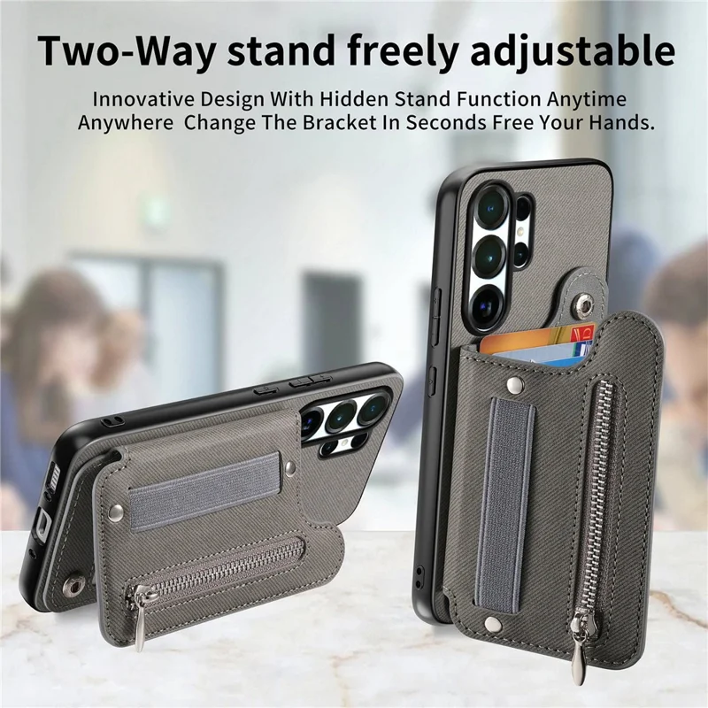 For Samsung Galaxy S26 Ultra Case RFID Blocking Card Holder Jeans Cloth Texture Leather Back Cover with Elastic Wristband - Grey