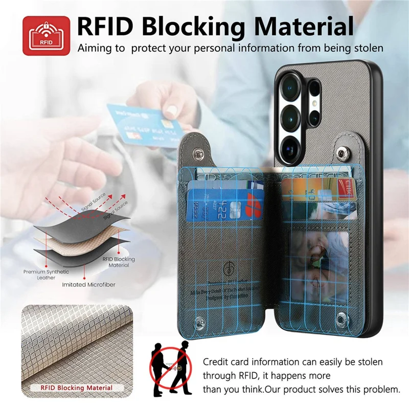 For Samsung Galaxy S26 Ultra Case RFID Blocking Card Holder Jeans Cloth Texture Leather Back Cover with Elastic Wristband - Grey