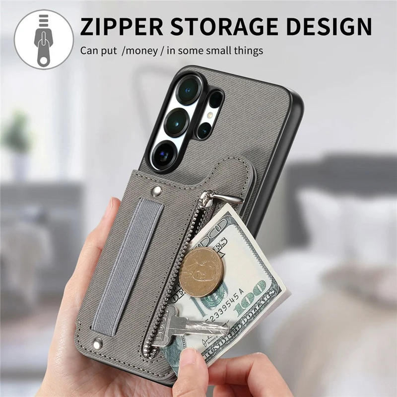 For Samsung Galaxy S26 Ultra Case RFID Blocking Card Holder Jeans Cloth Texture Leather Back Cover with Elastic Wristband - Grey