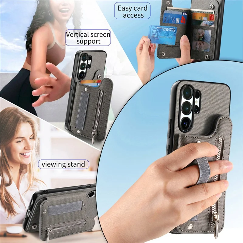 For Samsung Galaxy S26 Ultra Case RFID Blocking Card Holder Jeans Cloth Texture Leather Back Cover with Elastic Wristband - Grey