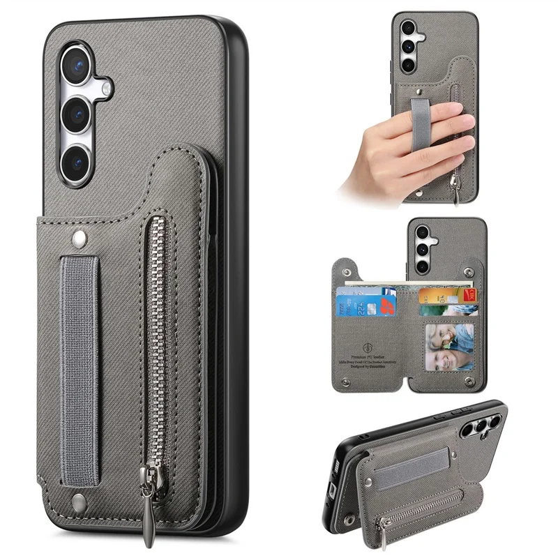 For Samsung Galaxy S26+ Case RFID Blocking Card Holder Jeans Cloth Texture Leather Back Cover with Elastic Wristband  - Grey