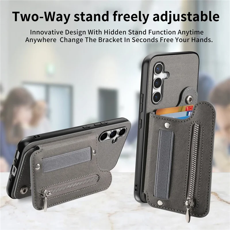 For Samsung Galaxy S26+ Case RFID Blocking Card Holder Jeans Cloth Texture Leather Back Cover with Elastic Wristband  - Grey