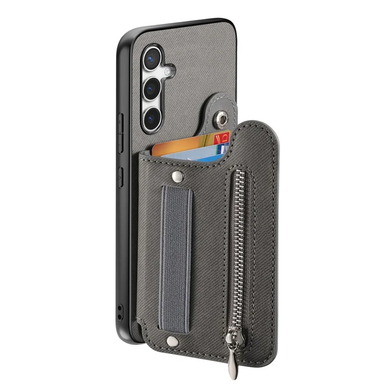 For Samsung Galaxy S26+ Case RFID Blocking Card Holder Jeans Cloth Texture Leather Back Cover with Elastic Wristband  - Grey