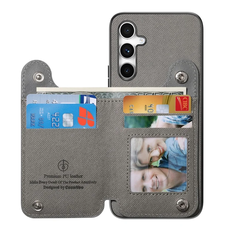 For Samsung Galaxy S26+ Case RFID Blocking Card Holder Jeans Cloth Texture Leather Back Cover with Elastic Wristband  - Grey