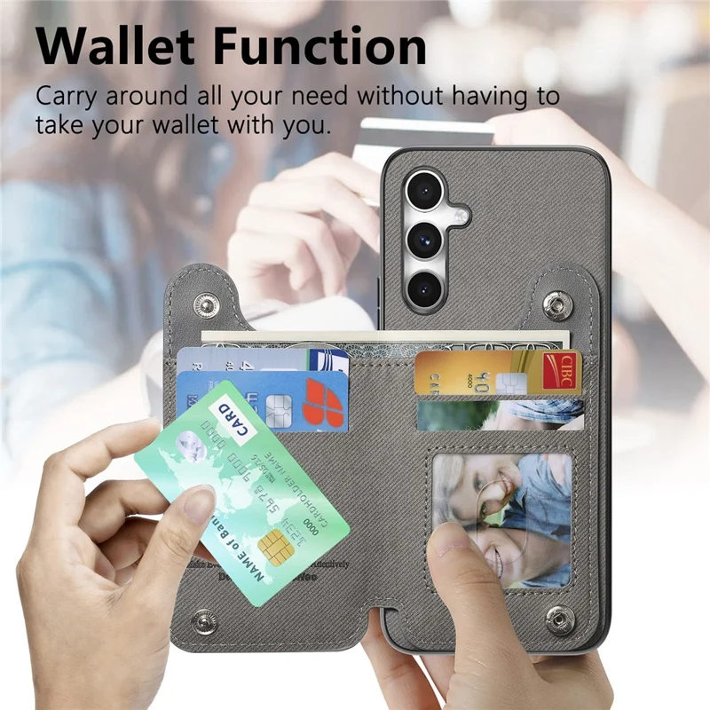 For Samsung Galaxy S26+ Case RFID Blocking Card Holder Jeans Cloth Texture Leather Back Cover with Elastic Wristband  - Grey