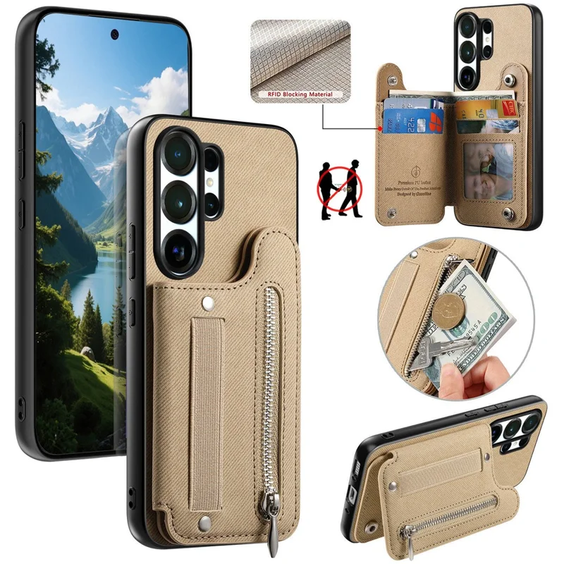 For Samsung Galaxy S25 Ultra Case RFID Blocking Card Holder Jeans Cloth Texture Leather Back Cover with Elastic Wristband - Khaki