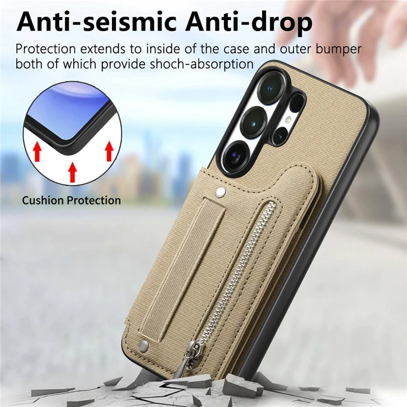 For Samsung Galaxy S25 Ultra Case RFID Blocking Card Holder Jeans Cloth Texture Leather Back Cover with Elastic Wristband - Khaki