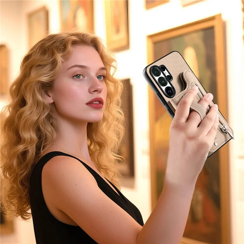 For Samsung Galaxy S25 Ultra Case RFID Blocking Card Holder Jeans Cloth Texture Leather Back Cover with Elastic Wristband - Khaki