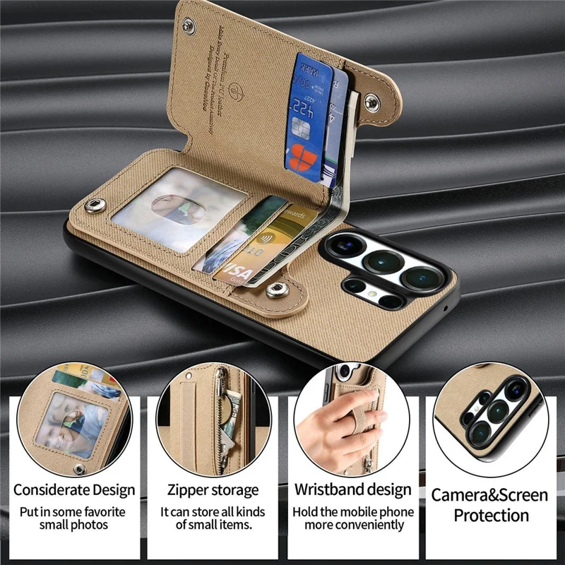 For Samsung Galaxy S25 Ultra Case RFID Blocking Card Holder Jeans Cloth Texture Leather Back Cover with Elastic Wristband - Khaki