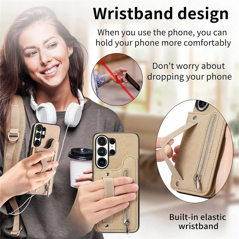 For Samsung Galaxy S25 Ultra Case RFID Blocking Card Holder Jeans Cloth Texture Leather Back Cover with Elastic Wristband - Khaki