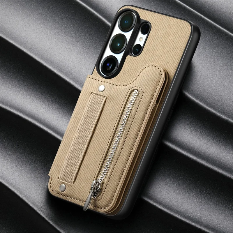 For Samsung Galaxy S25 Ultra Case RFID Blocking Card Holder Jeans Cloth Texture Leather Back Cover with Elastic Wristband - Khaki