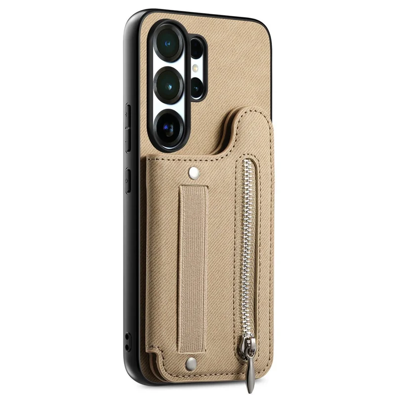 For Samsung Galaxy S25 Ultra Case RFID Blocking Card Holder Jeans Cloth Texture Leather Back Cover with Elastic Wristband - Khaki