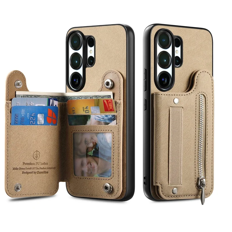 For Samsung Galaxy S25 Ultra Case RFID Blocking Card Holder Jeans Cloth Texture Leather Back Cover with Elastic Wristband - Khaki