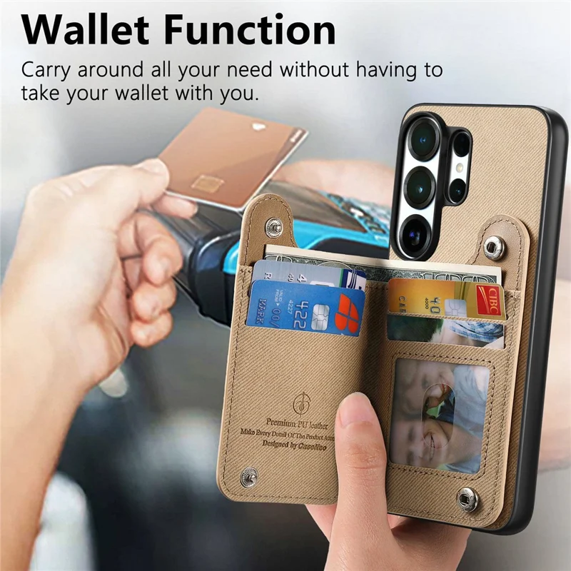 For Samsung Galaxy S25 Ultra Case RFID Blocking Card Holder Jeans Cloth Texture Leather Back Cover with Elastic Wristband - Khaki