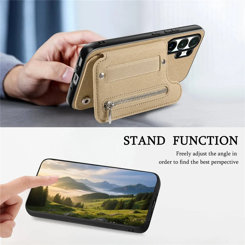 For Samsung Galaxy S25 Ultra Case RFID Blocking Card Holder Jeans Cloth Texture Leather Back Cover with Elastic Wristband - Khaki